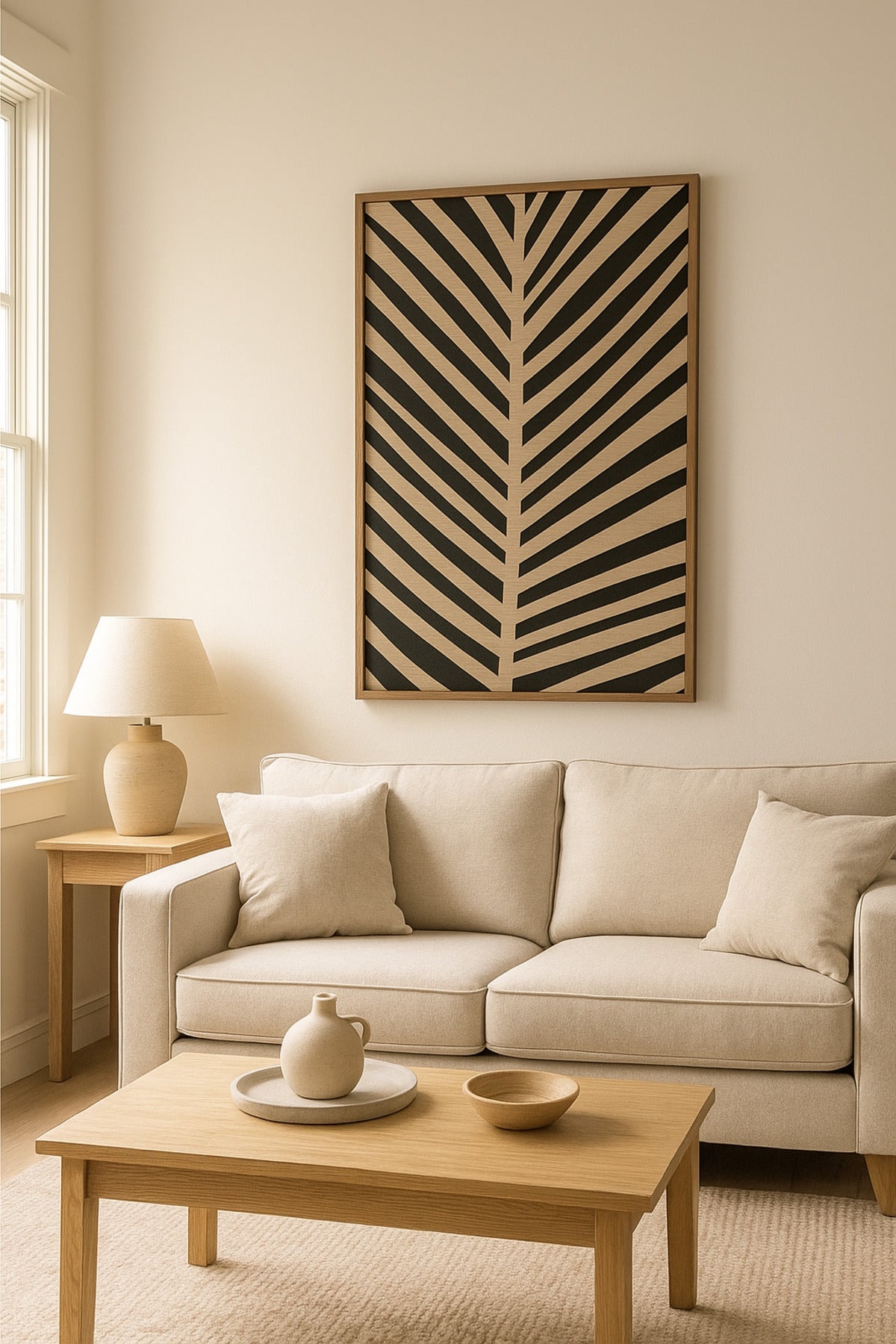 3D Black & Veneer Palm Leaf Wall Art with Wooden Frame Ð 120_80 cm