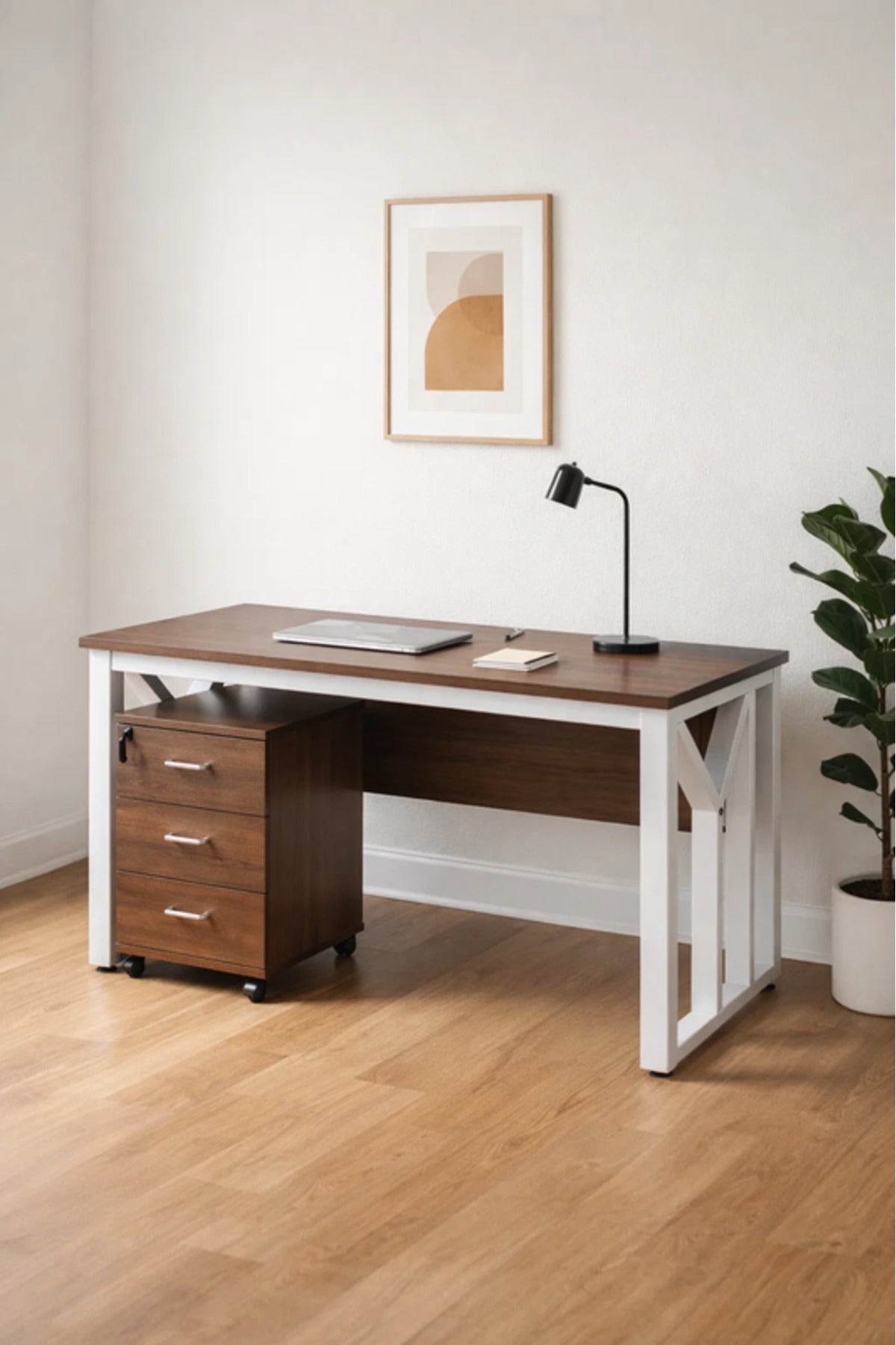 Modern Light Brown Desk with White Metal Frame & 3-Drawer Storage