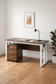 Modern Light Brown Desk with White Metal Frame & 3-Drawer Storage