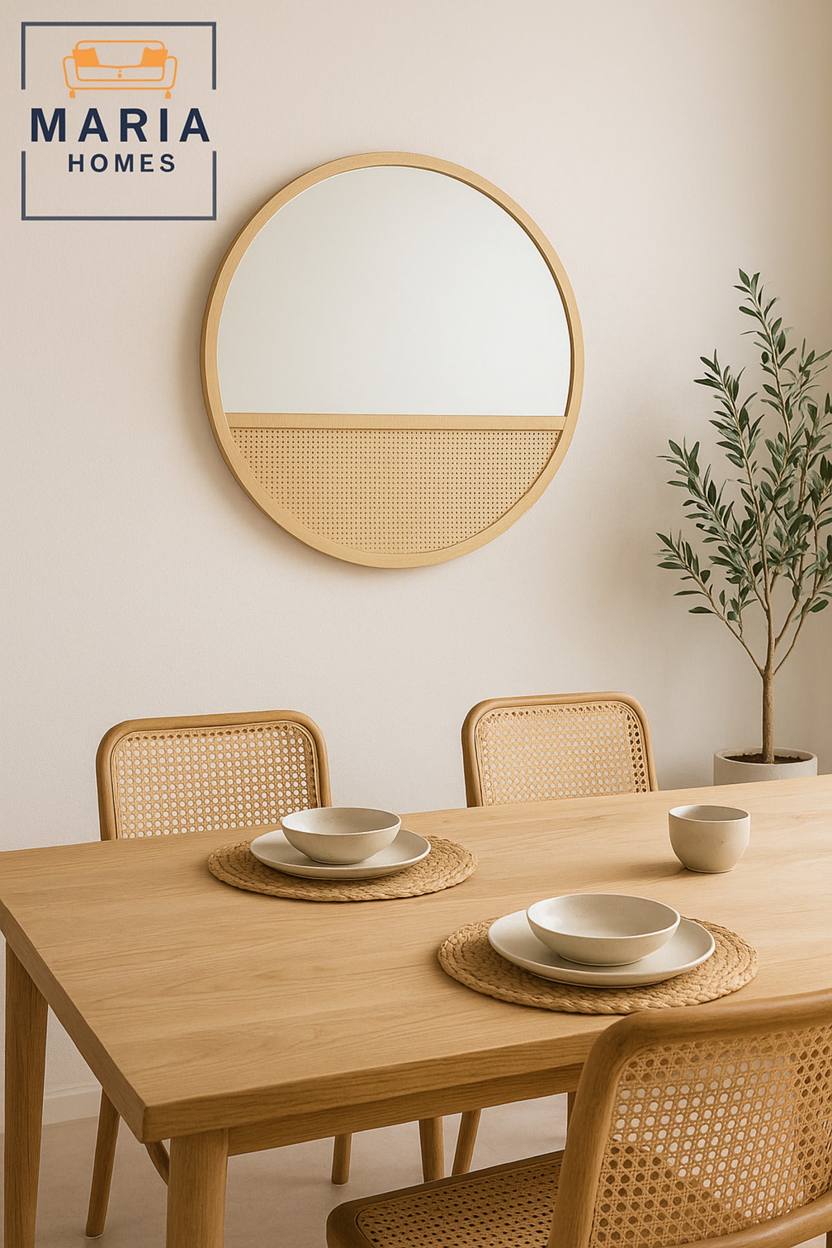 Round Wall Mirror 100 cm Ð Natural Wood Frame with Rattan Design