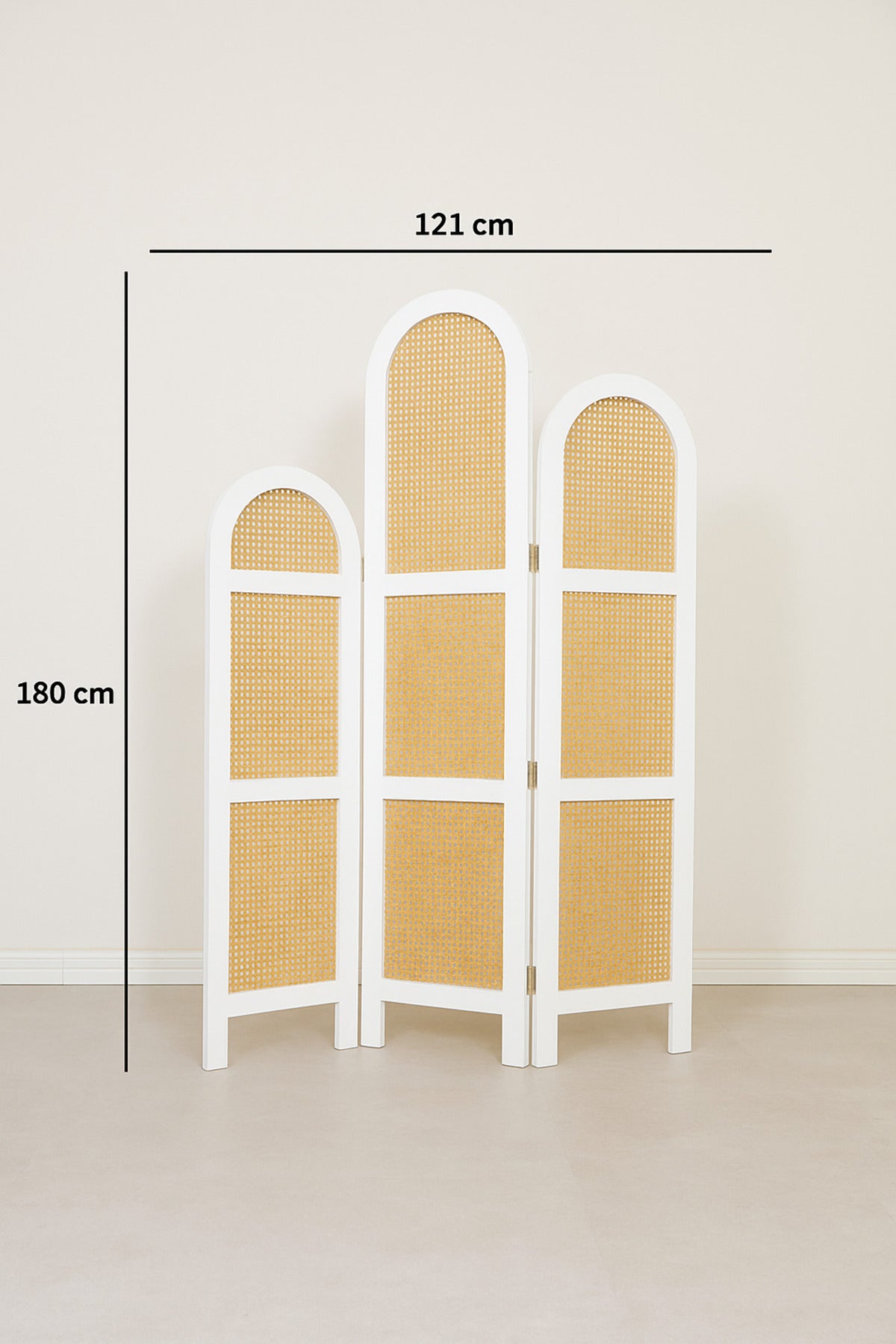 3-Panel Rattan Room Divider with White Frame √ê 121_180 cm Modern Arched Privacy Screen