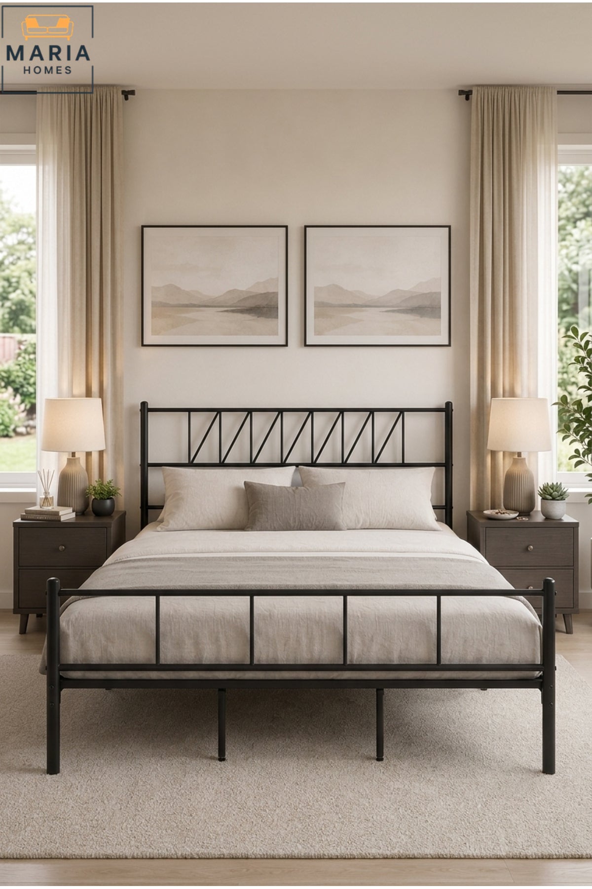 King Size Metal Bed Frame Ð Heavy Duty Steel Platform Bed with Decorative Headboard for Bedroom
