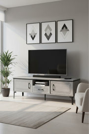 Modern Grey TV Table with Drawers and Open Shelf