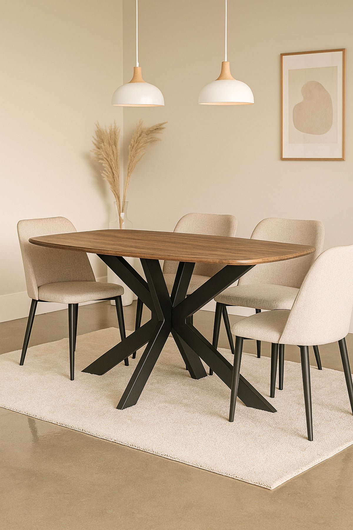 Modern Dining Table Ð 150_90_75 cm | Wooden Top Table with Black Metal Cross Legs