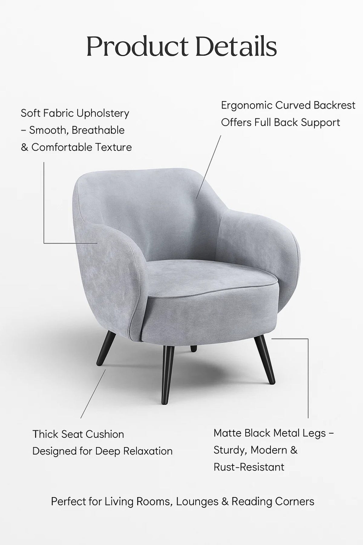 Light Grey Fabric Armchair, Comfy Lounge Chair for Living Room, Office Cabin & Reading Corner