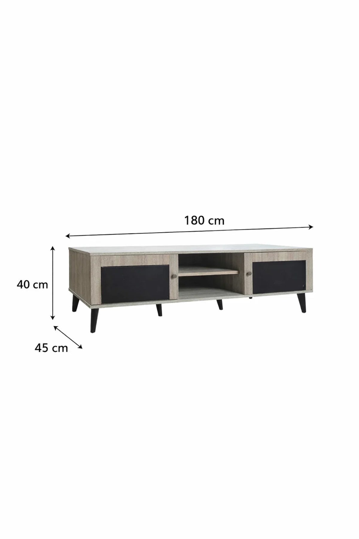 Modern 180cm Wide TV Stand Unit Beige Wood Black Doors Media Console Table with Storage Shelves