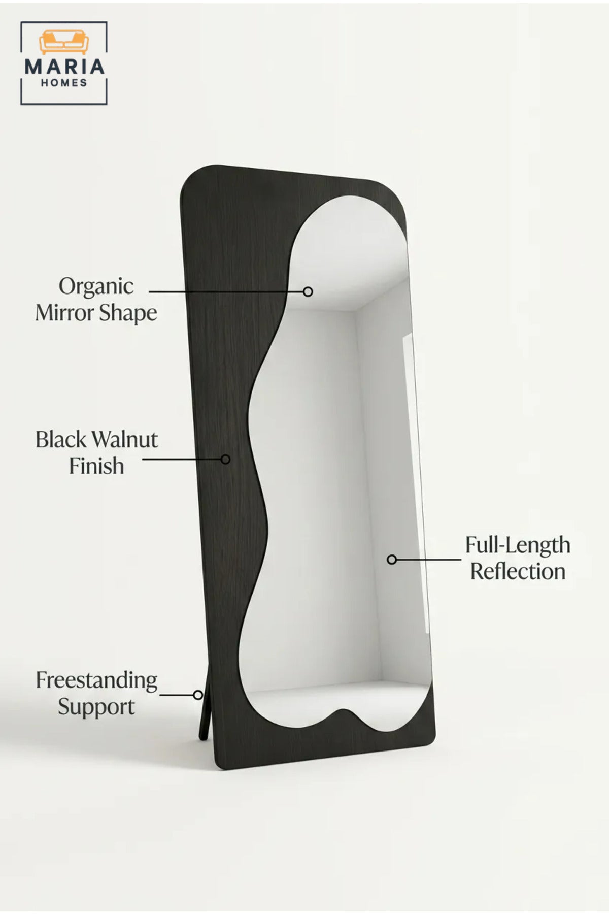 Modern Full Length Floor Mirror with Organic Shaped Design and Freestanding Wooden Frame for Bedroom, Dressing Room, Entryway, Salon and Boutique