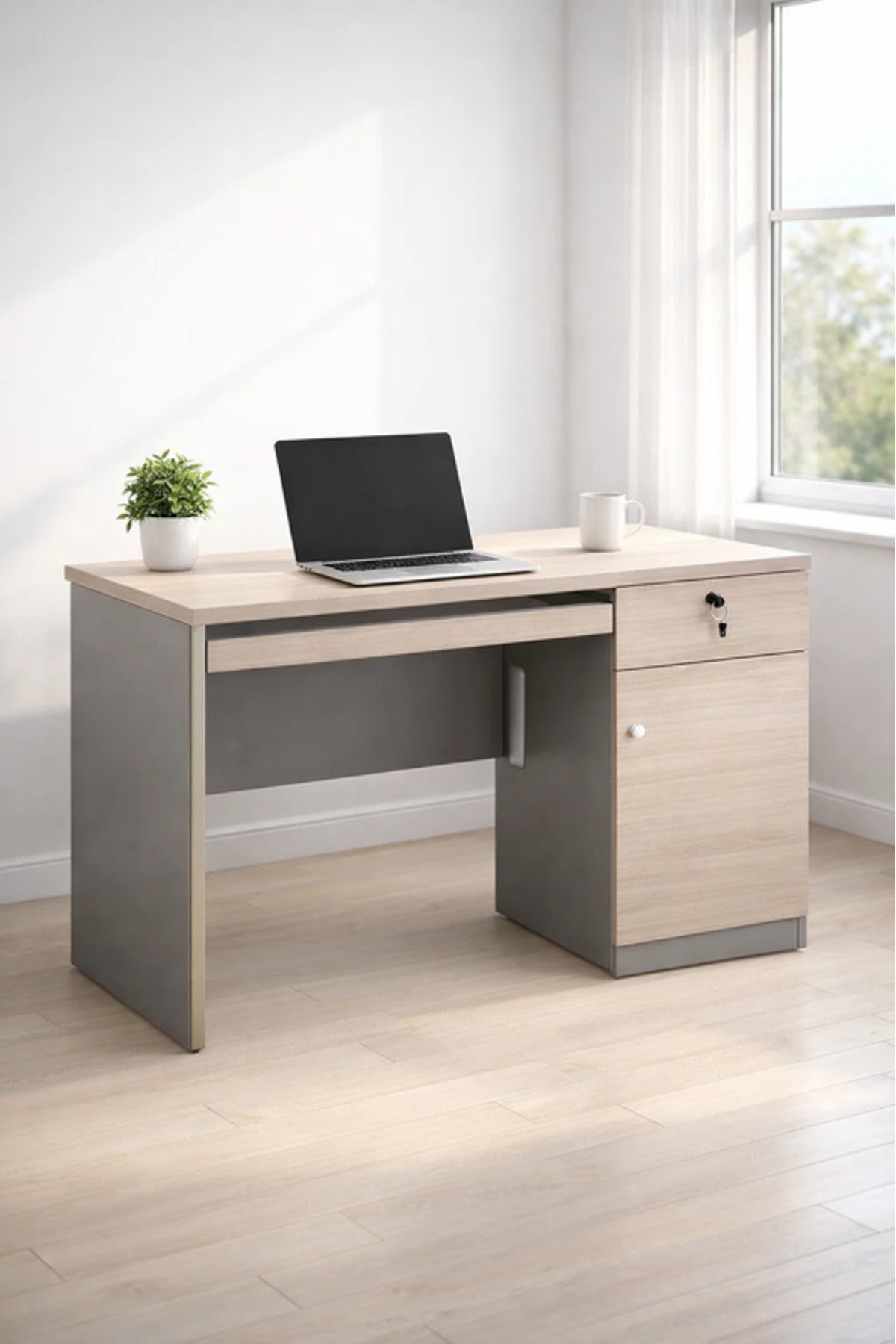 Modern Light Wood Office Desk with Storage and Cable Management