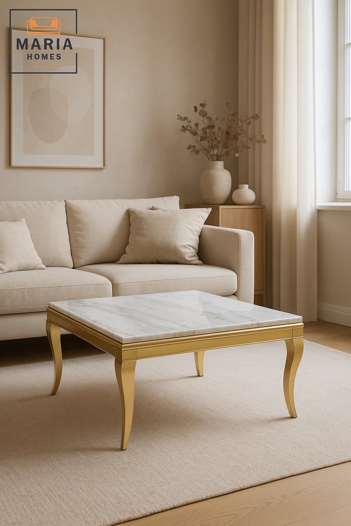 Modern Luxury Square Marble Coffee Table 90_90_50 cm with Elegant Gold Base