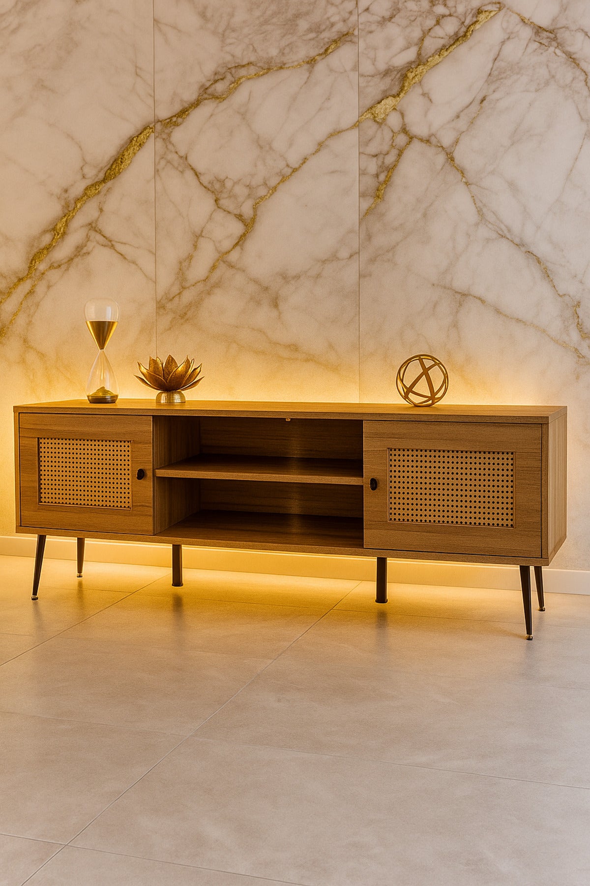 Brown Wooden TV Stand with Rattan Doors | Modern TV Cabinet with Shelves & Storage | 200_40_50 cm