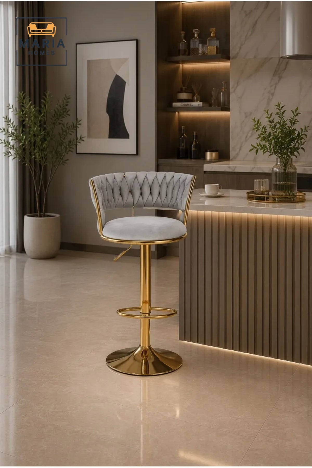 Luxury Adjustable Velvet Bar Stool with Quilted Backrest and Gold Finish Base