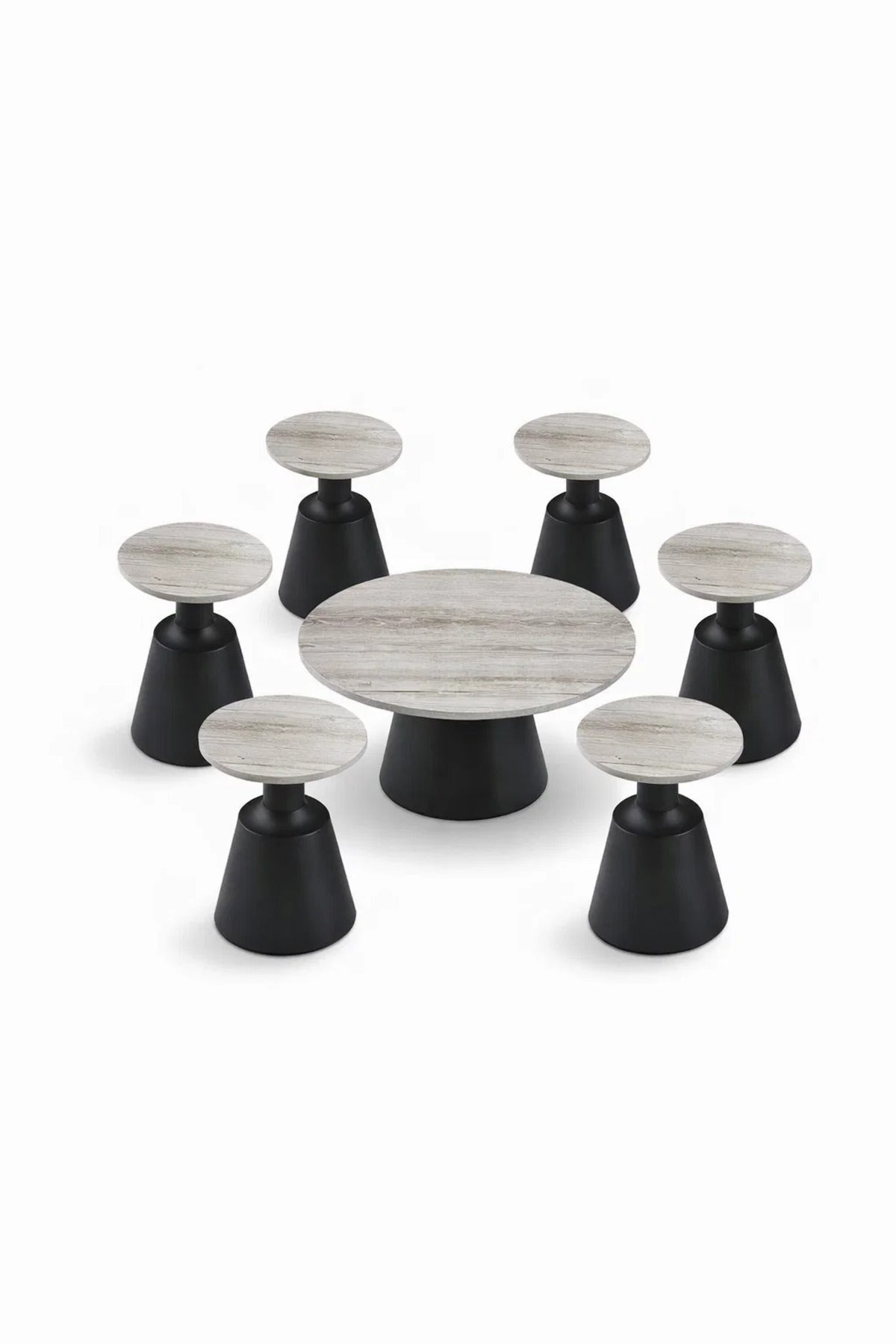 Stylish 7-Piece Round Coffee Table Set Wood Top Black Pedestal Base Modern Home Living Room Decor