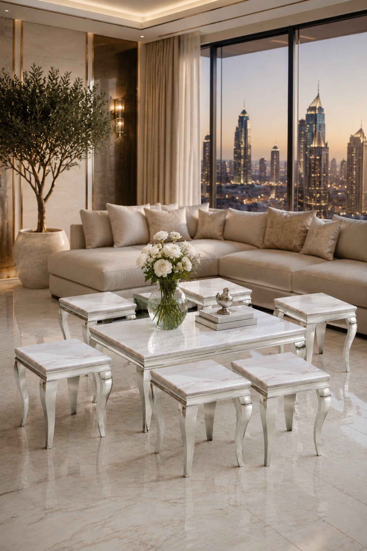 Luxury Silver Marble Coffee Table Set 1+6 √ê Classic Elegant Design
