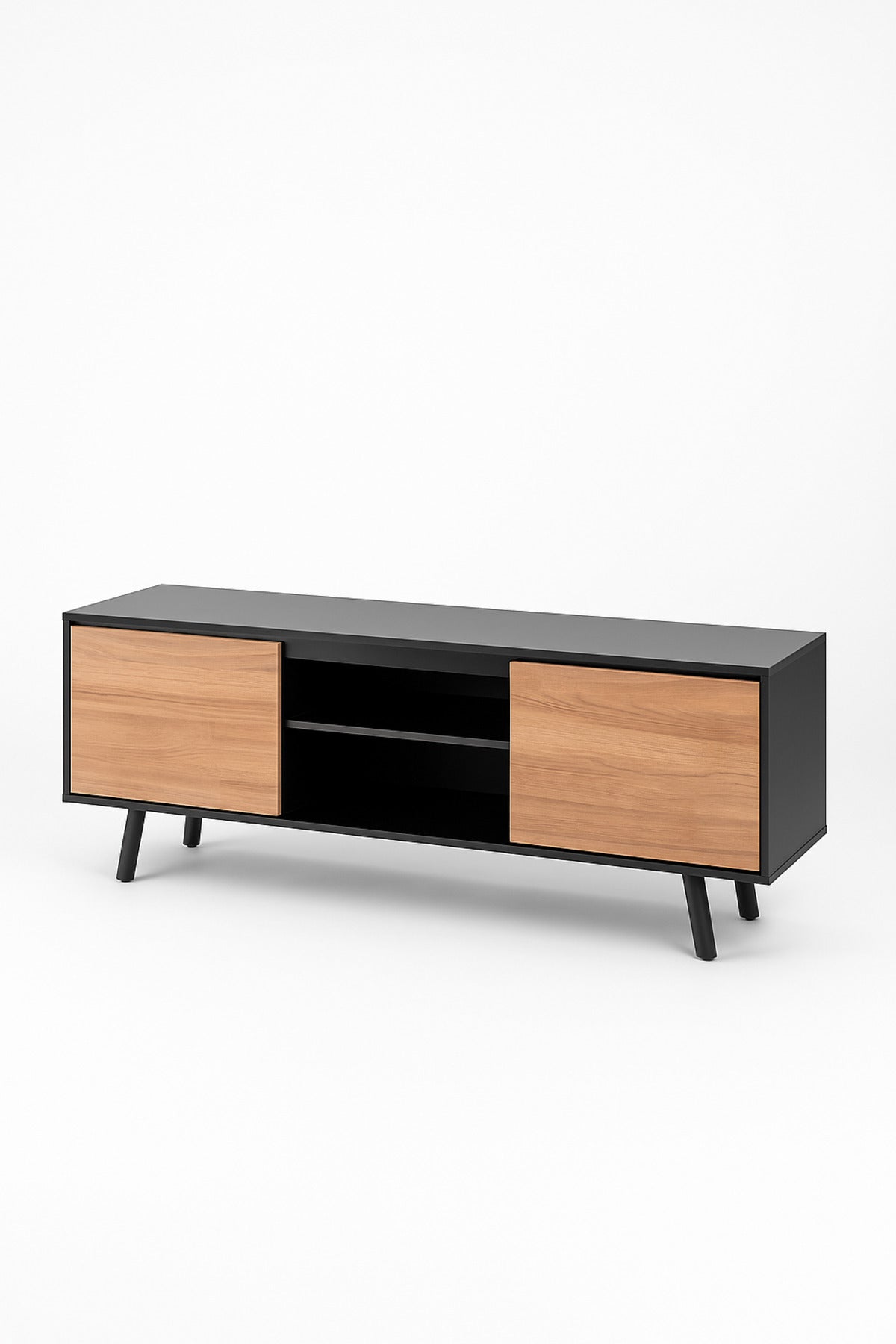 Modern Black & Wood TV Cabinet 160_40_57 cm Sleek Entertainment Unit with Sliding Doors