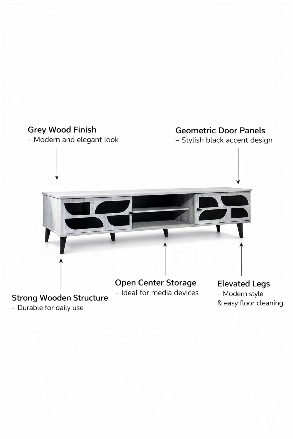 Modern Grey TV Table Media Console 180cm with Storage Shelves for Living Room Entertainment Center