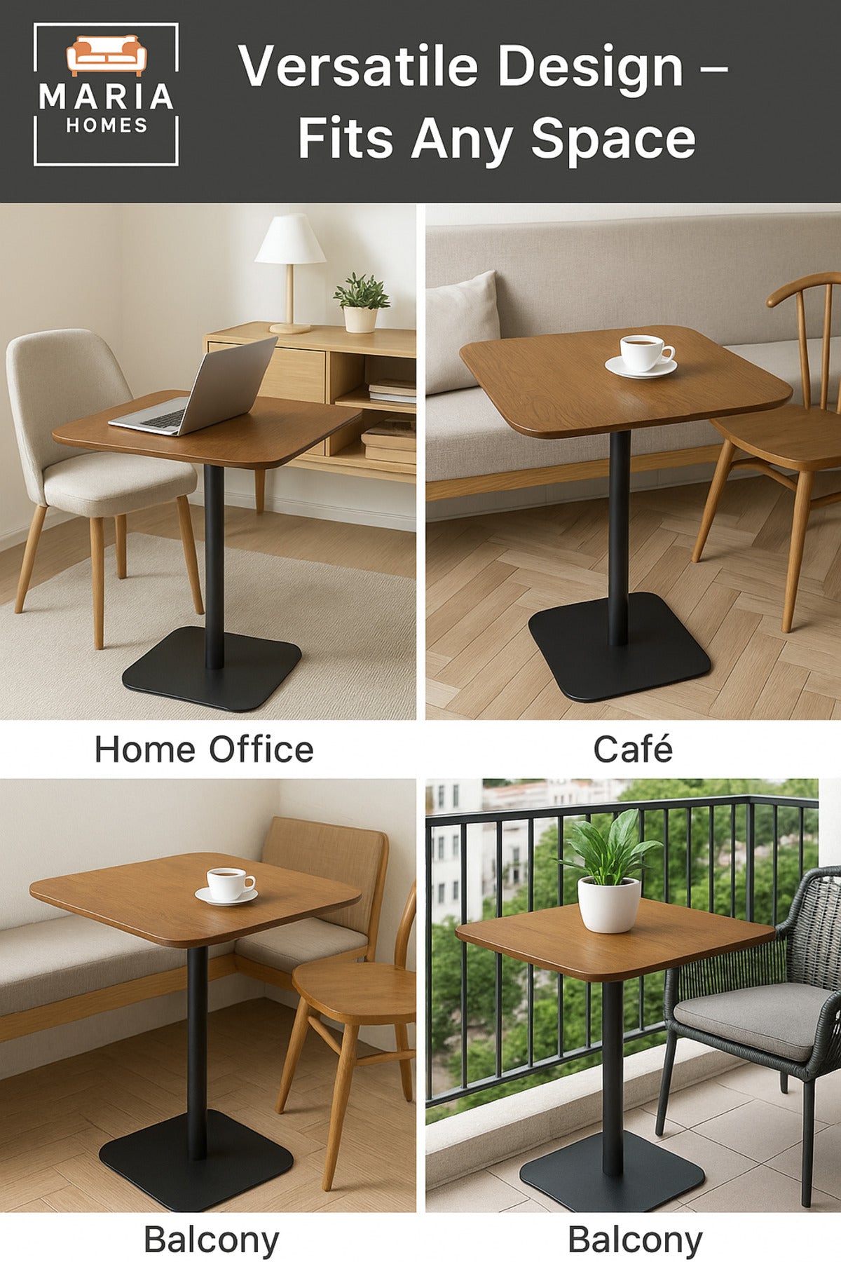 Modern Square CafŽ Table with Wooden Top and Black Base Ð 60x60x75cm