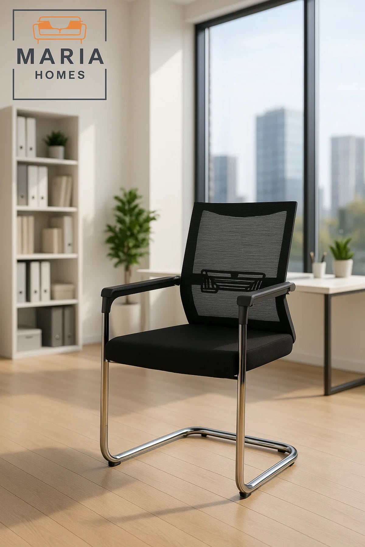 Black Mesh Chair with Chrome Base and Armrests Ð Breathable Office Guest Seating