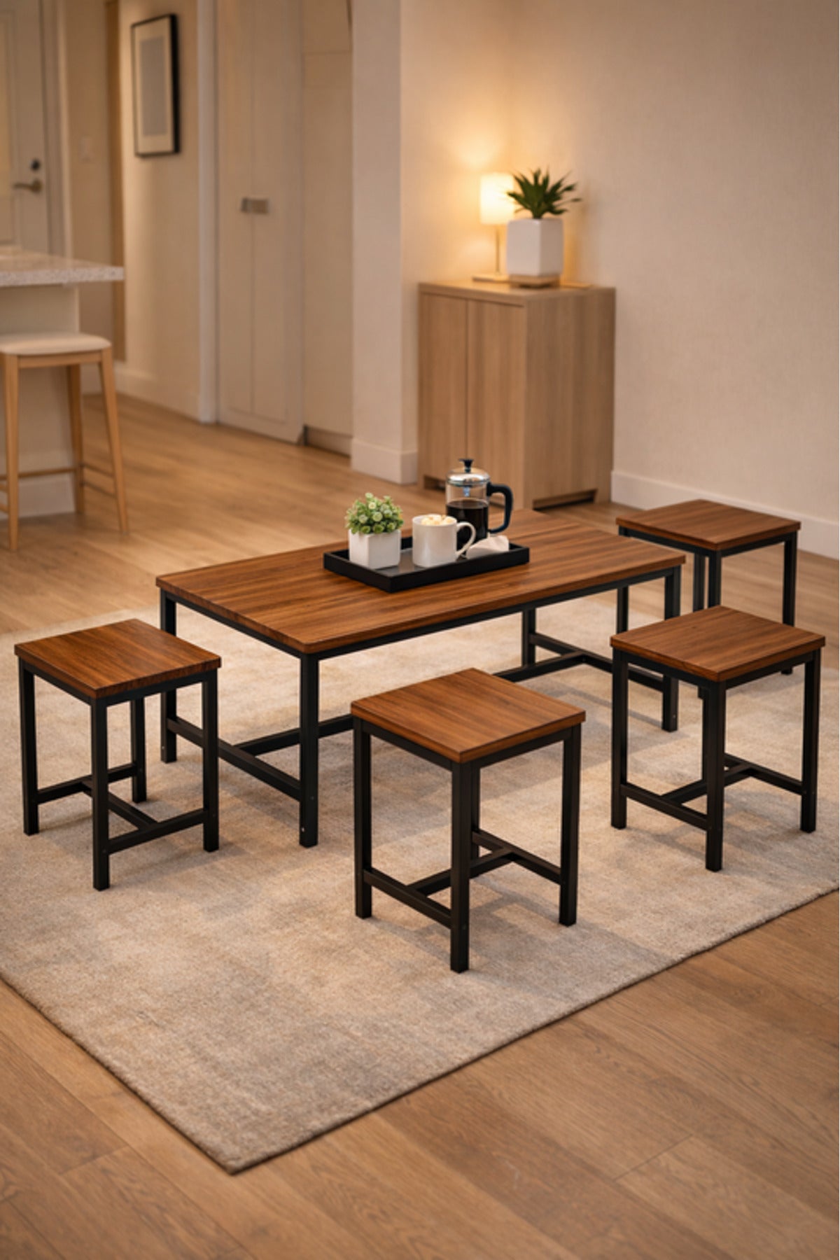 Industrial Design 5-Piece Coffee Table Set Brown Wood Top Black Metal Legs Living Room Furniture