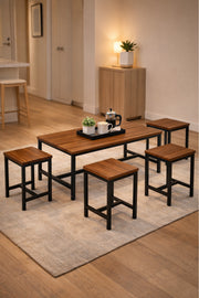 Industrial Design 5-Piece Coffee Table Set Brown Wood Top Black Metal Legs Living Room Furniture