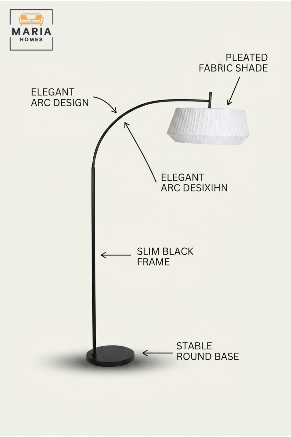 Modern Arc Floor Lamp with Curved Overhanging Arm, Pleated Fabric Shade and Round Base Standing Light for Living Room Bedroom Office and Reading Corner