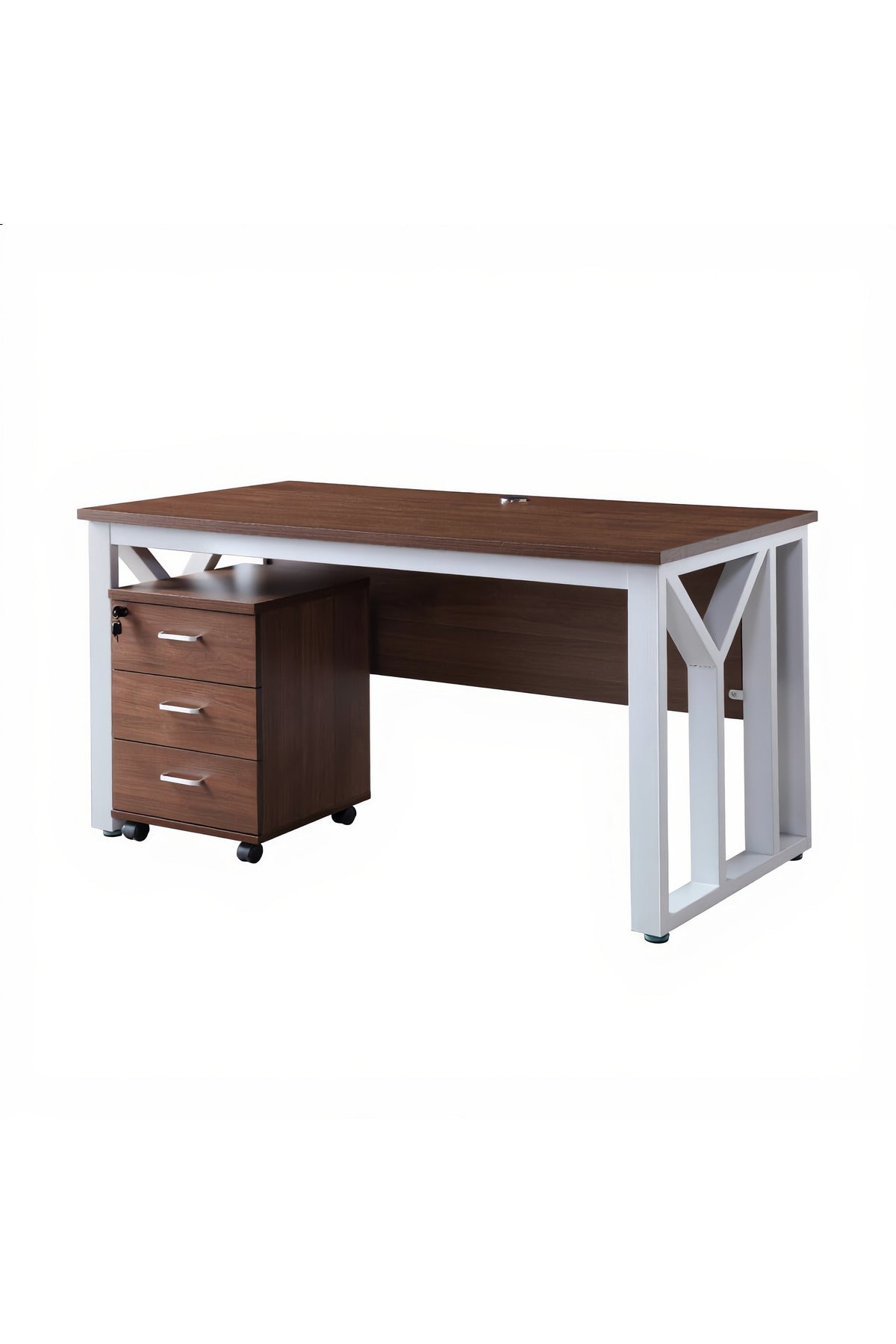 Modern Wooden LIGHT BROWN Office Desk with White Metal Frame & Mobile Drawer Unit