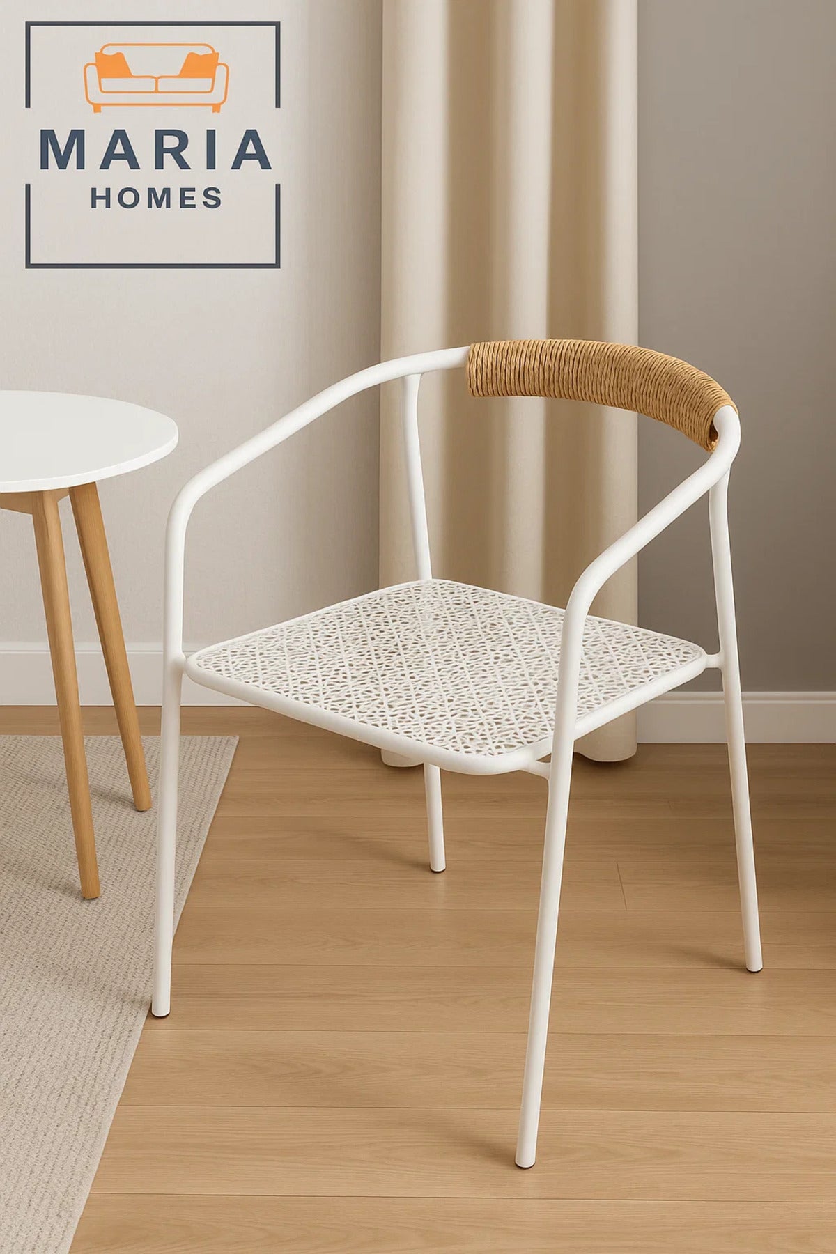 Modern White Metal Chair with Rope Backrest Indoor & Outdoor Use Lightweight & Durable Minimalist