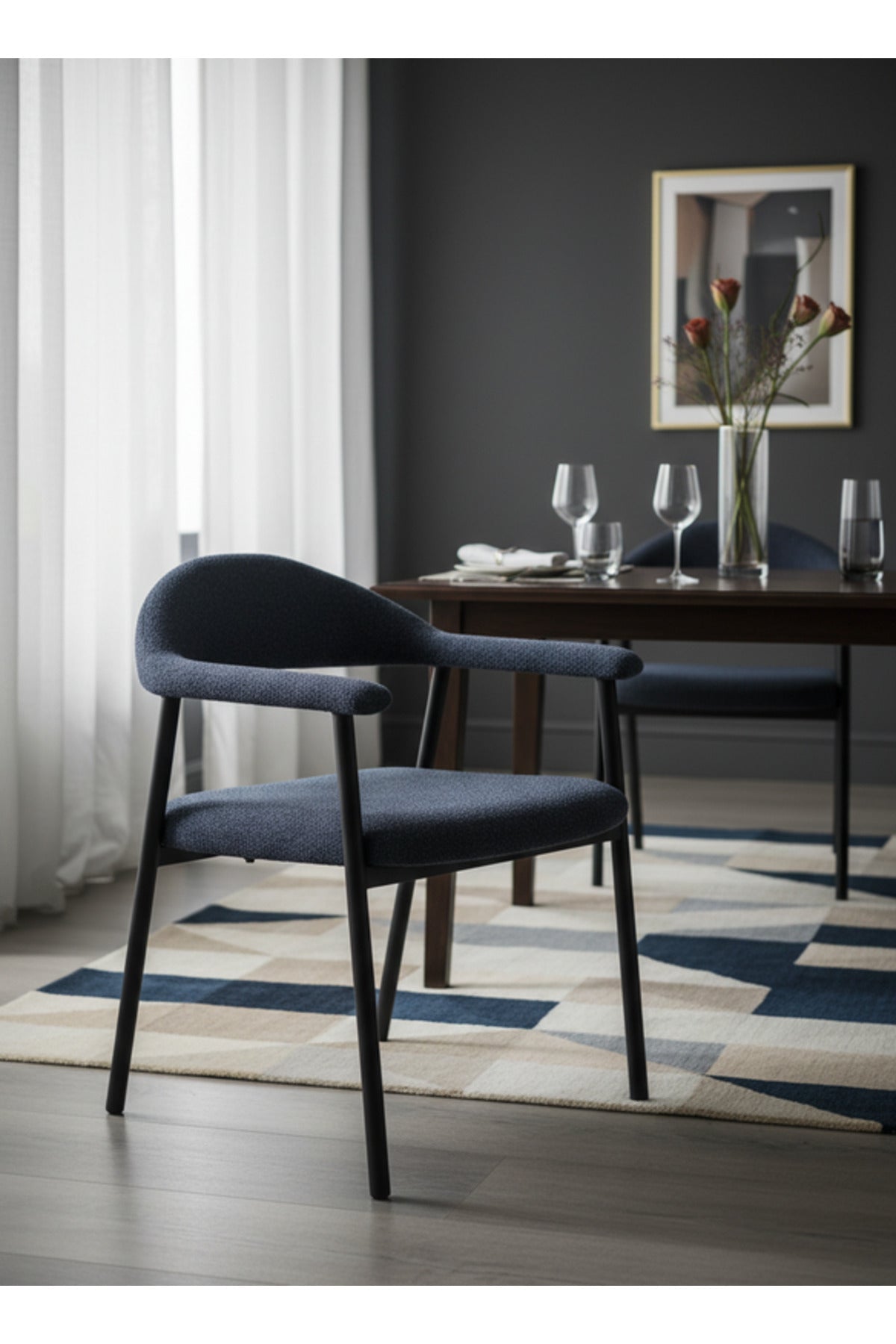 Navy Blue Boucle Accent Chair with Metal Legs Modern Design for Living Room Dining Bedroom