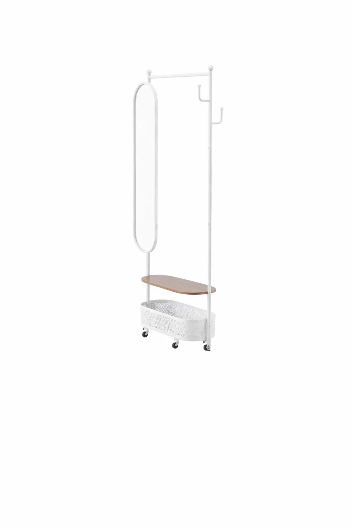 Multifunctional Rolling Coat Rack Stand with Oval Mirror and Storage Basket for Dressing Room White
