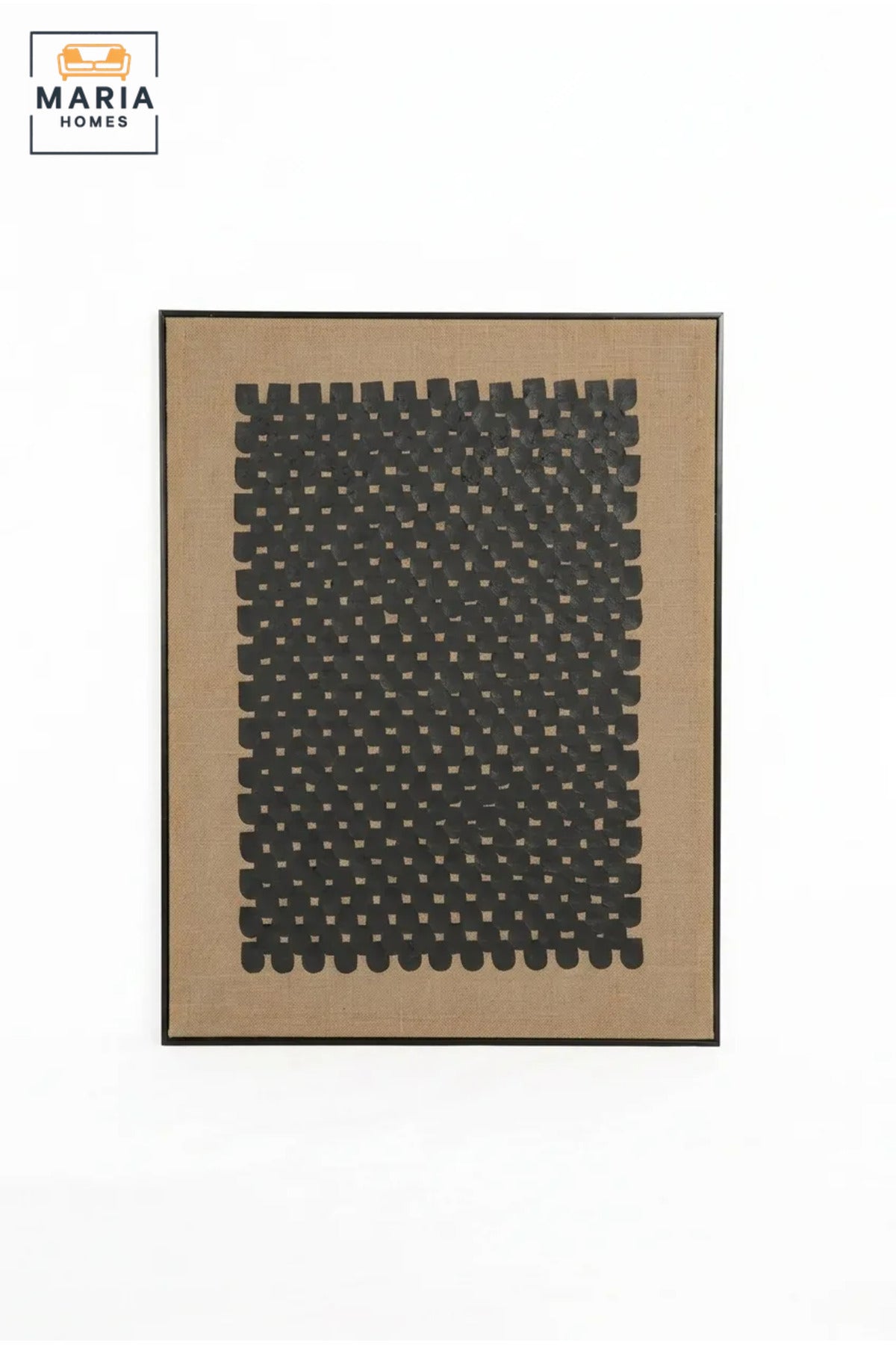 Modern Abstract Textured Wall Art with Slim Black Frame, Black Woven Geometric Design on Beige Canvas for Living Room, Bedroom and Office Décor