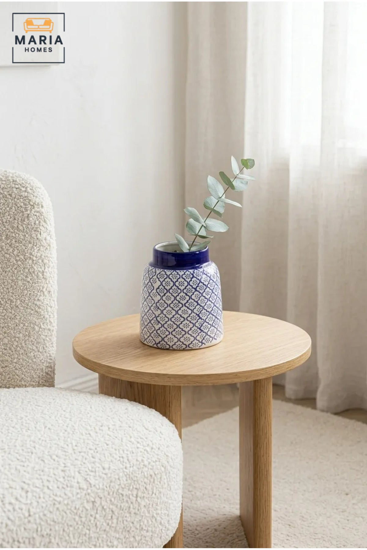 Blue and White Patterned Decorative Vase, Modern Ceramic Flower Holder with Wide Glossy Rim for Living Room, Bedroom, Office, Shelf and Table Décor