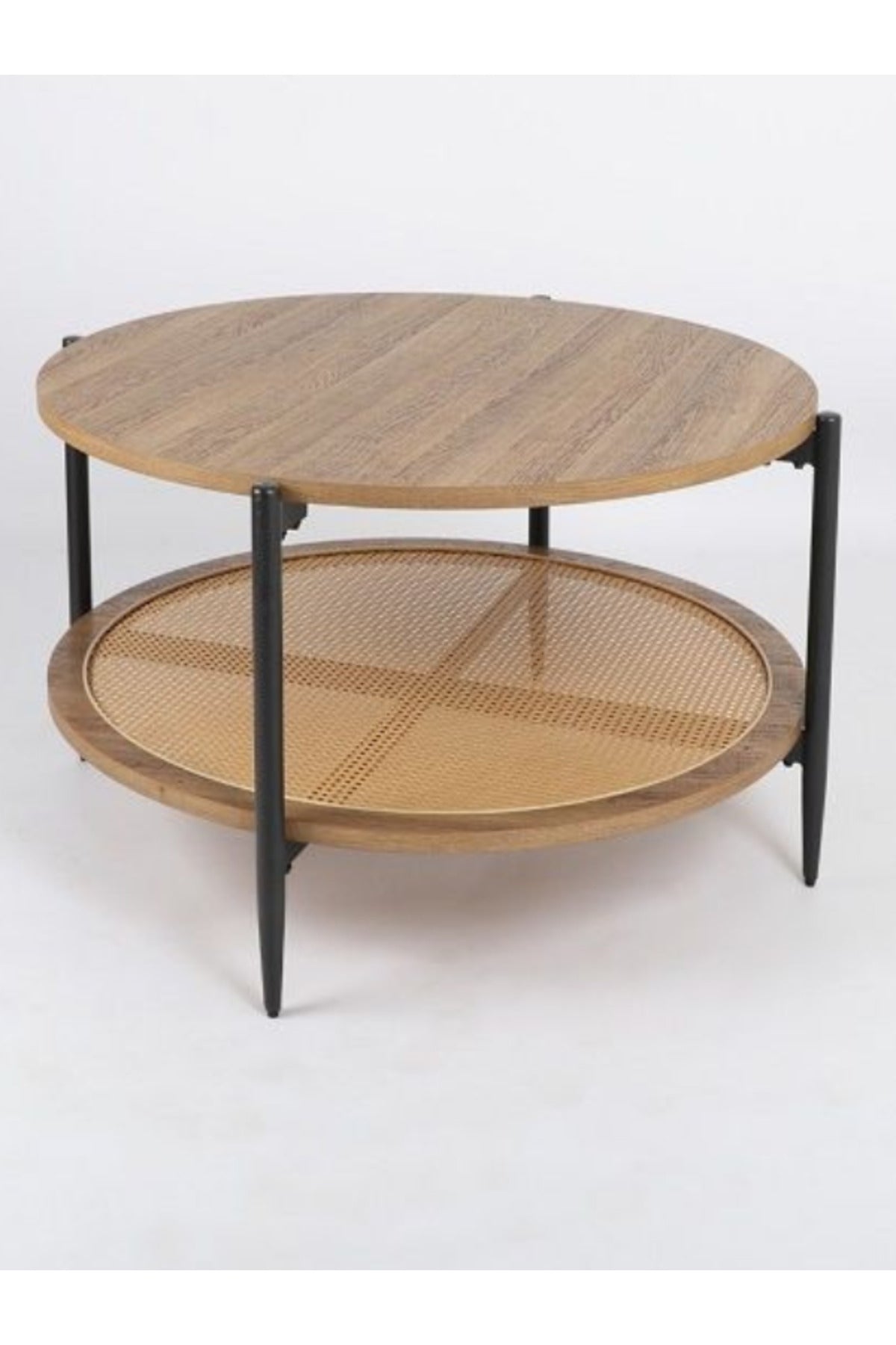 Round Brown Coffee Table with Rattan Shelf Ð Modern Wooden Center Table for Living Room 80_45 cm