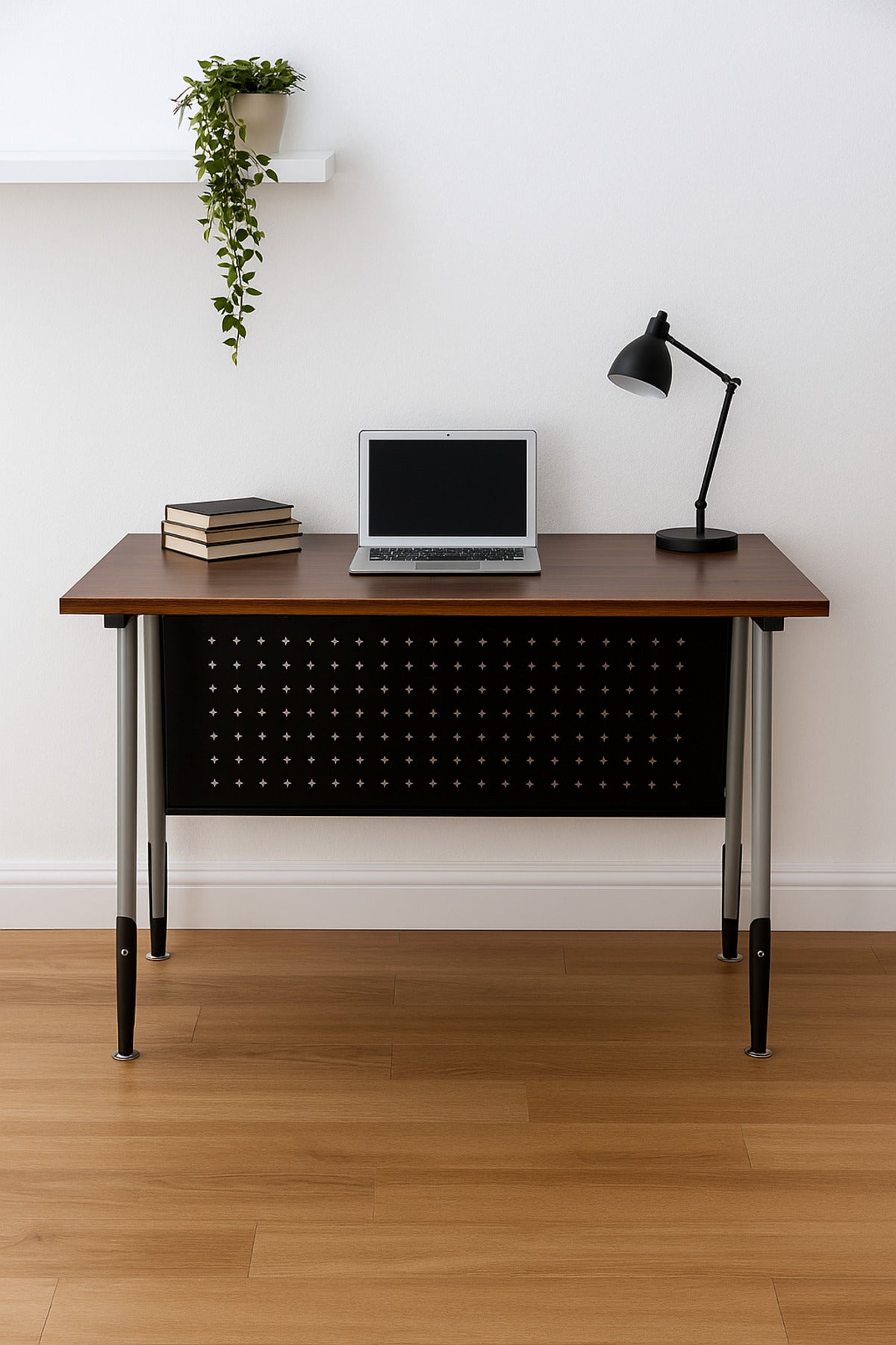 Dark Wood Office Desk 120_60_75 cm Ð Modern Workstation Table with Metal Frame and Cable Grommet