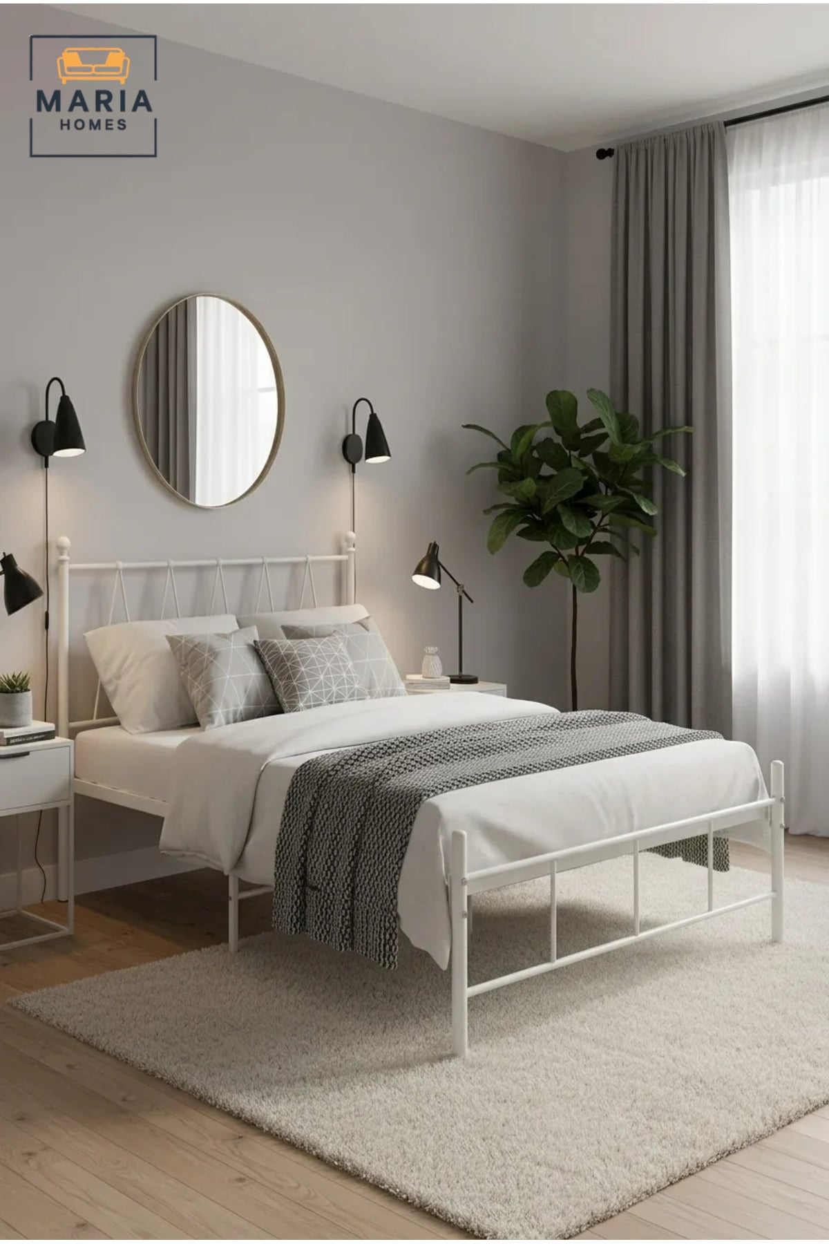 Modern White Metal Bed Frame 140_200 cm √ê Platform Bed with Geometric Headboard, Heavy Duty Mattress Foundation