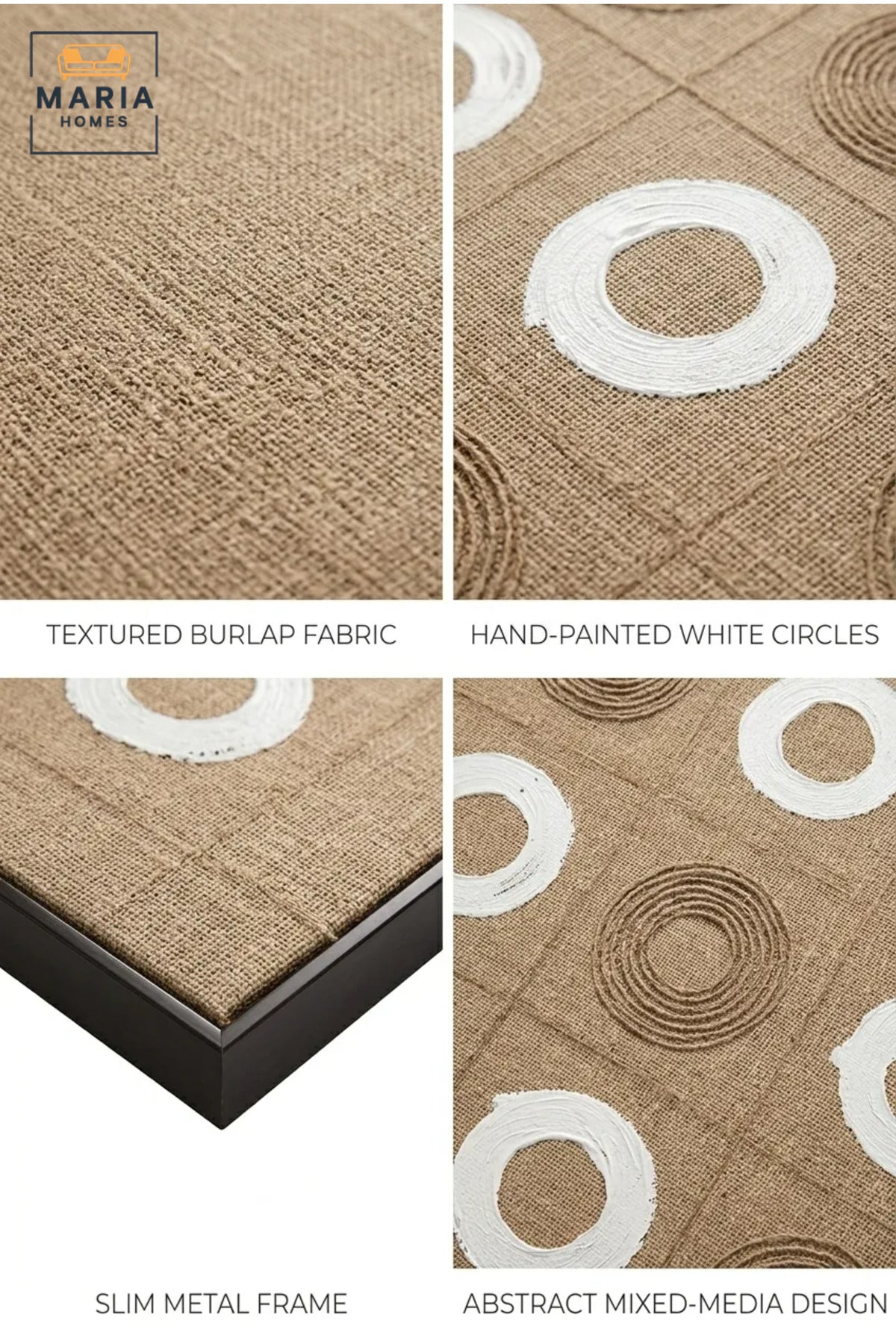 Modern Geometric Textured Wall Art with Slim Black Frame, Beige and White Circle Design for Living Room, Bedroom, Hallway and Office Décor