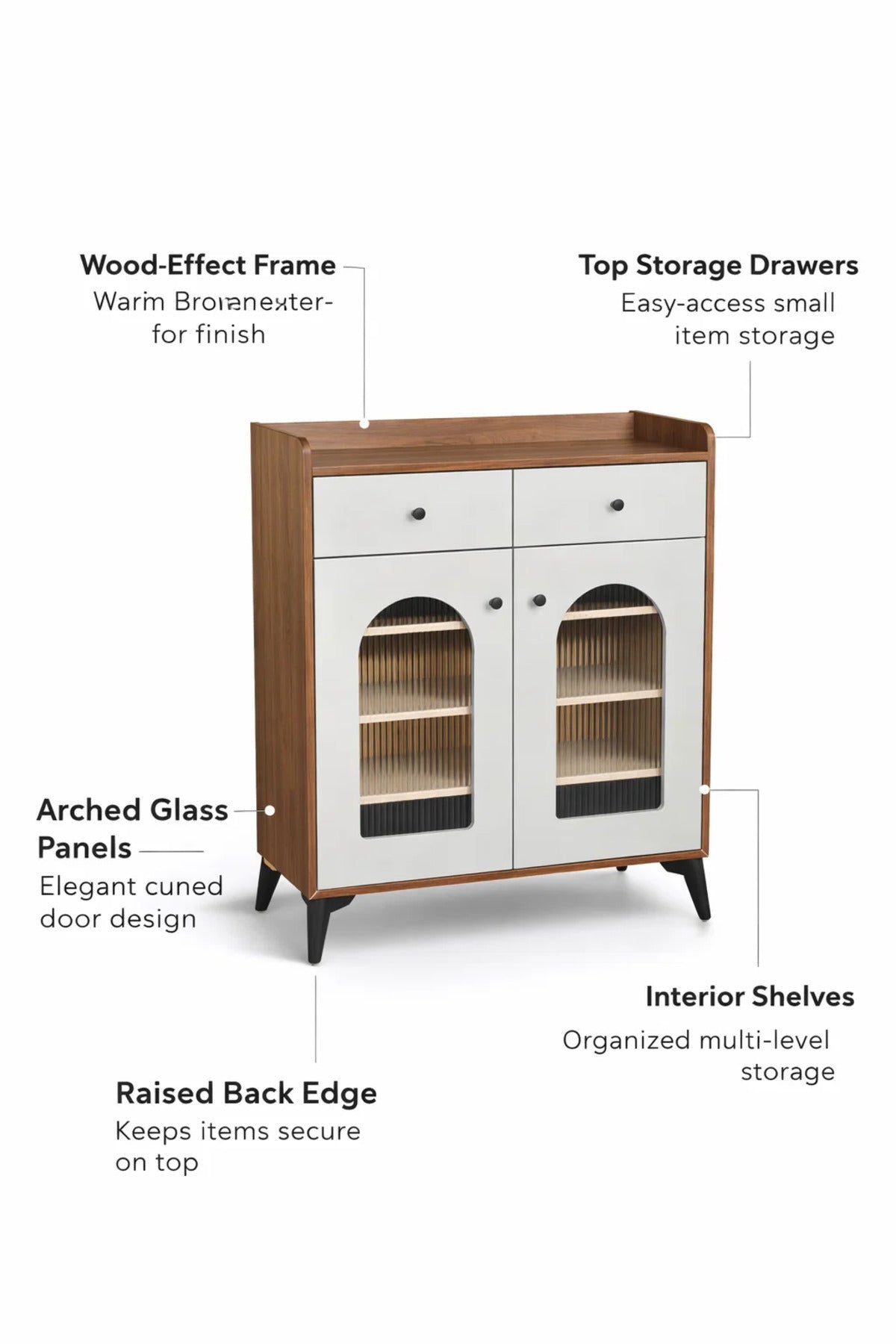 Contemporary Shoe Storage Cabinet with Arched Glass Doors and Drawers for Hallway Organization