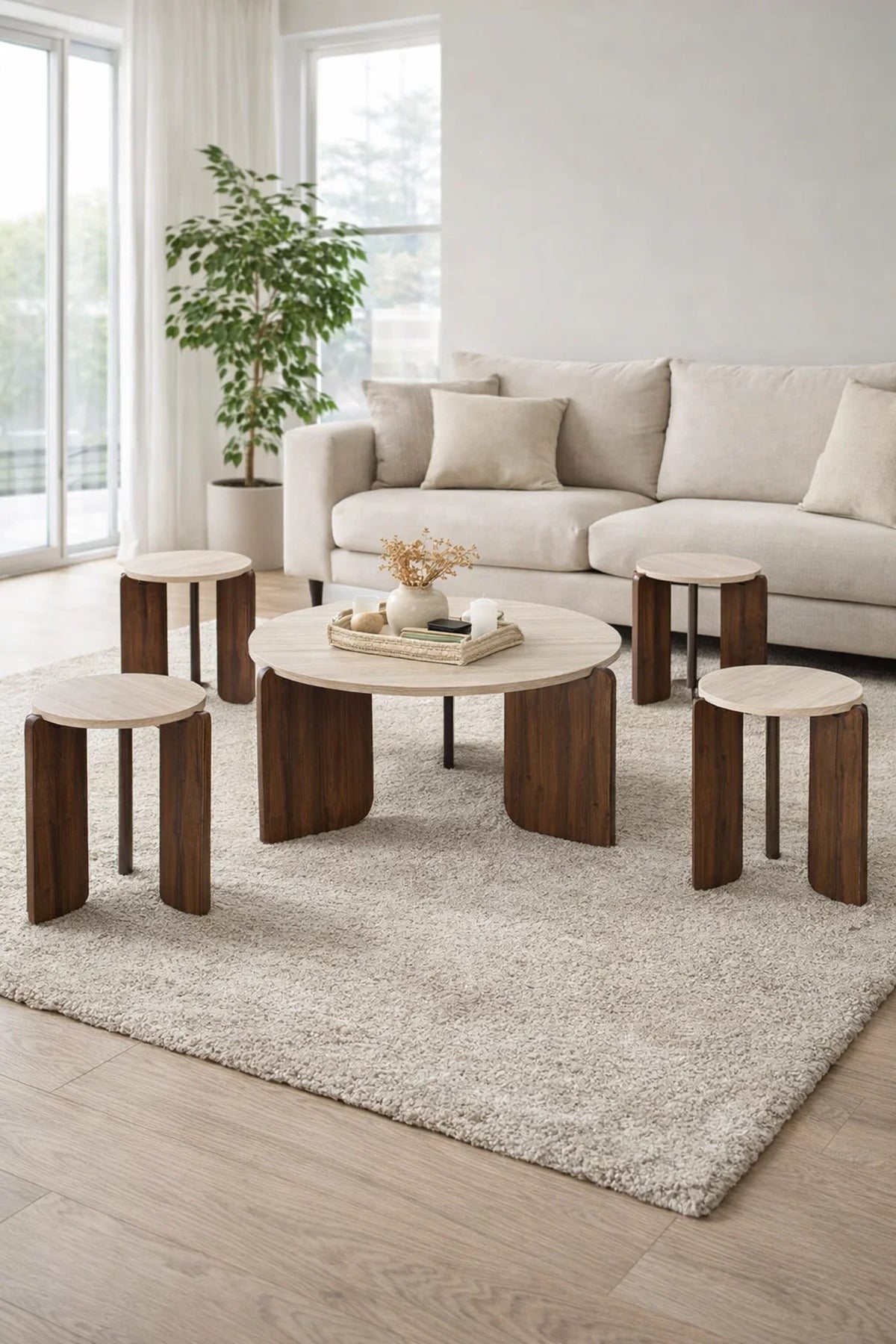 Stylish 1+4 Coffee Table Set Modern Wooden Round Center Table and Nesting Stands Living Room