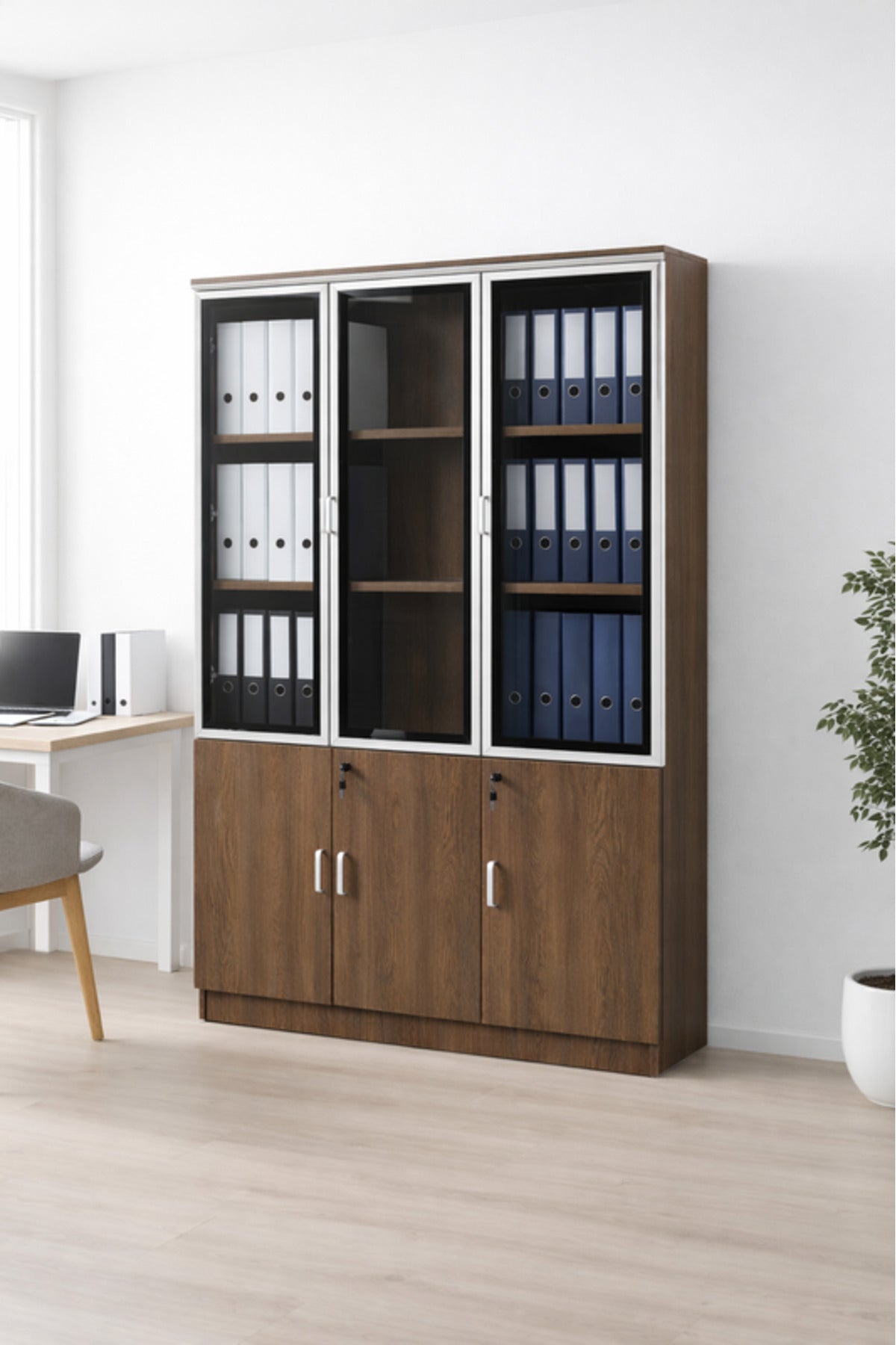 Modern Brown Wooden File Storage Cabinet with Three Glass Doors and Lockable Lower Shelves