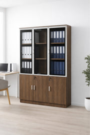Modern Brown Wooden File Storage Cabinet with Three Glass Doors and Lockable Lower Shelves