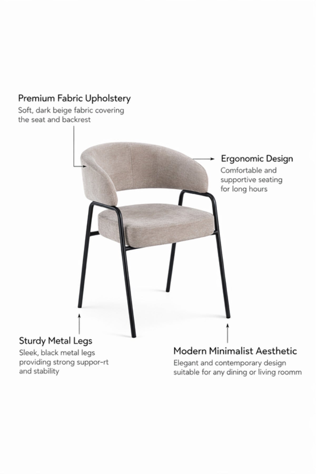 Beige Armchair with Black Metal Legs, 78x47x50 CM beige armchair Dining Room Chair