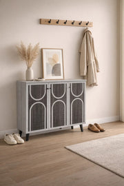 Modern 3-Door Shoe Cabinet Entryway Storage Organizer Geometric Design Grey Wood Finish 120cm