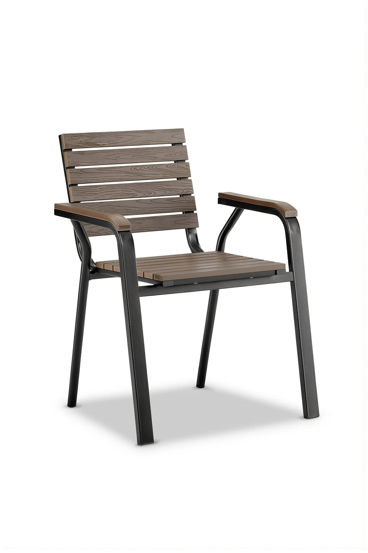 Black Coffee Outdoor Armchair Durable Metal Frame Wooden Look Garden Patio Dining Chair