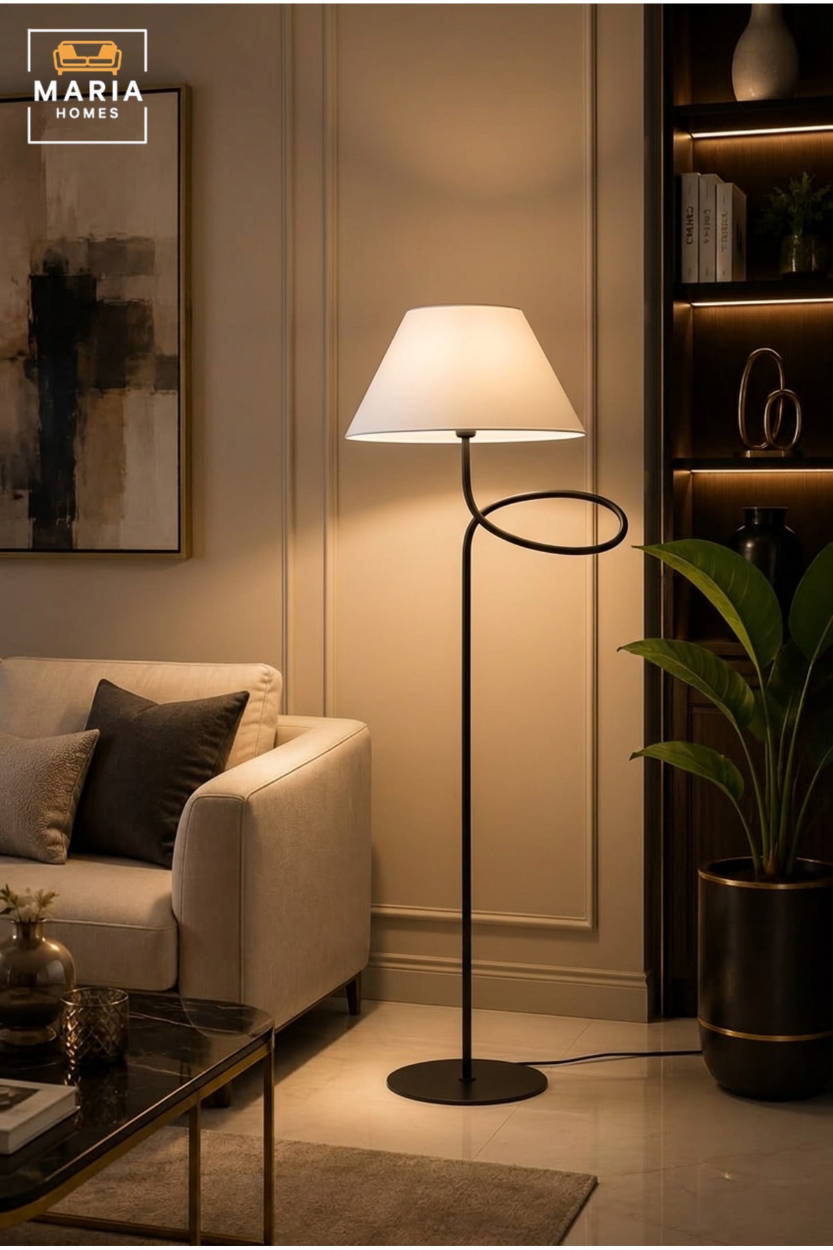 Modern Floor Lamp with Fabric Shade and Sculptural Loop Frame, Freestanding Decorative Light for Living Room, Bedroom, Reading Corner and Office