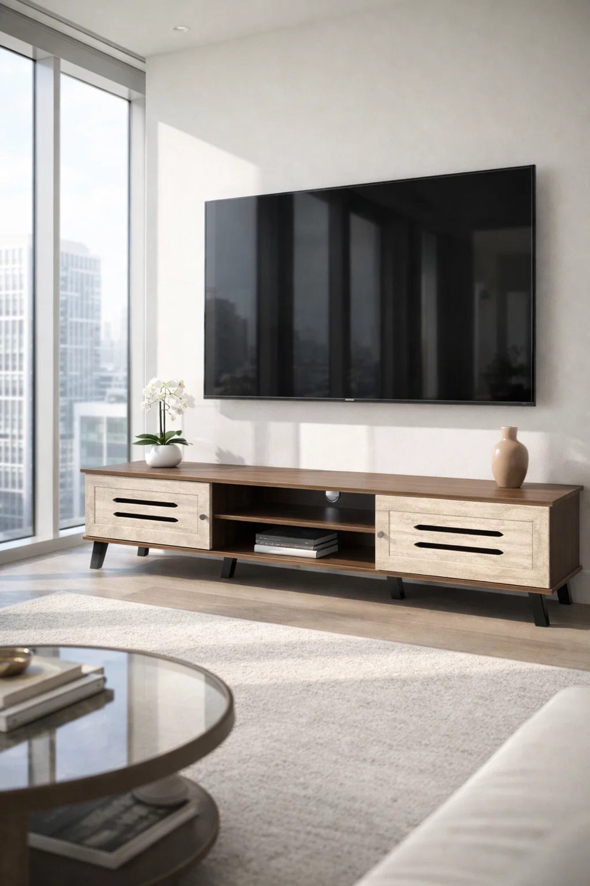 Modern Wooden TV Stand Dark Brown with Beige Front Panels 180 x 40 x 43 cm