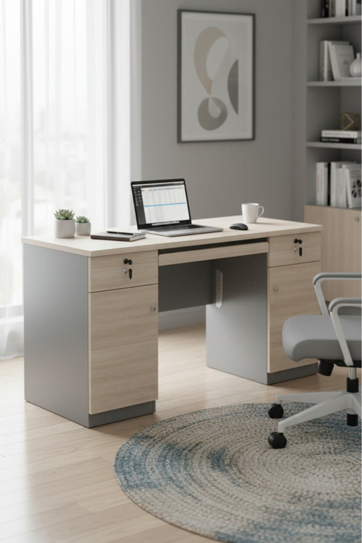 Modern Light Wood Office Desk with Storage and Cable Management