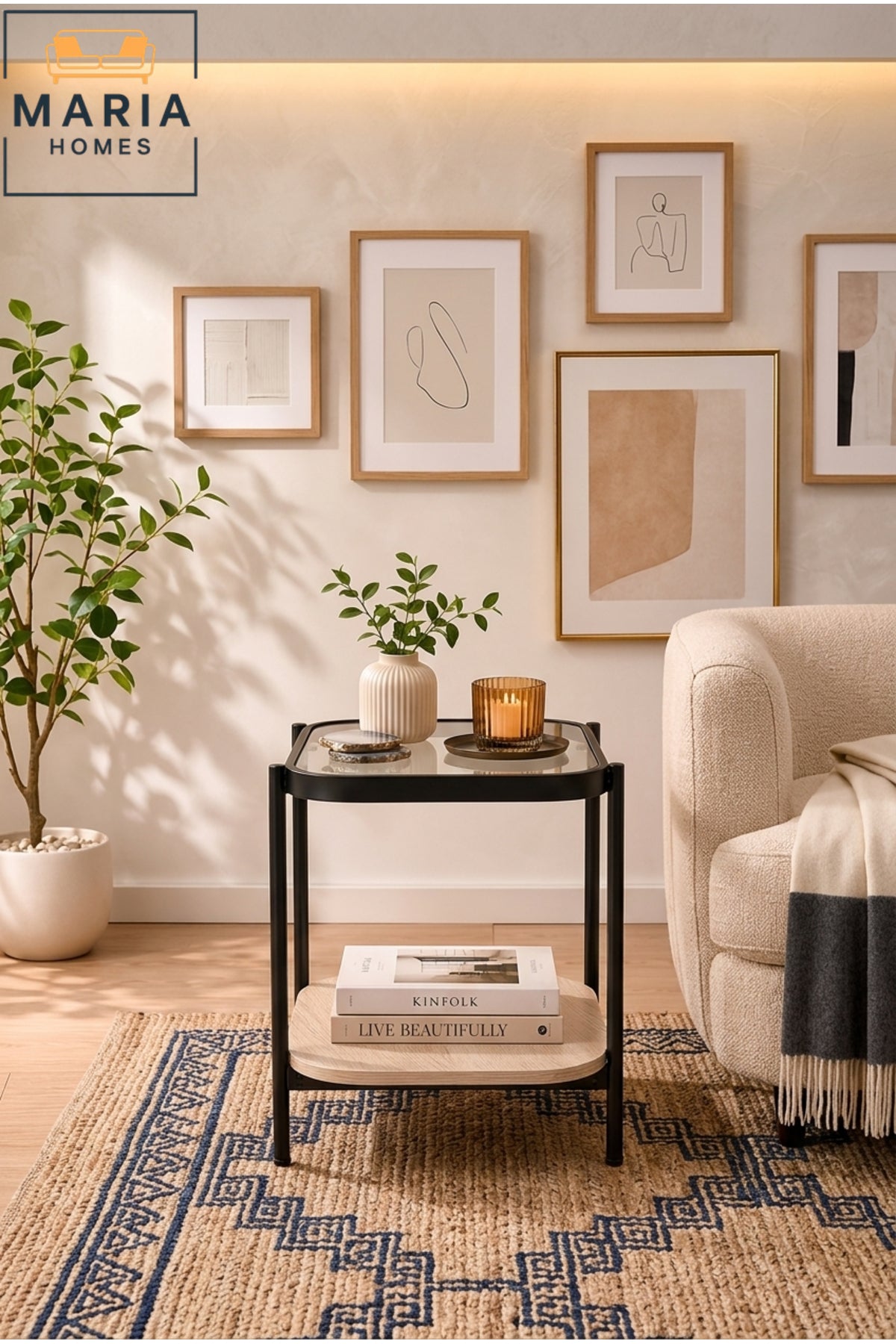 Modern Glass Side Table with Storage Shelf √ê Contemporary End Table with Black Metal Frame and Wood Shelf