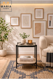Modern Glass Side Table with Storage Shelf √ê Contemporary End Table with Black Metal Frame and Wood Shelf