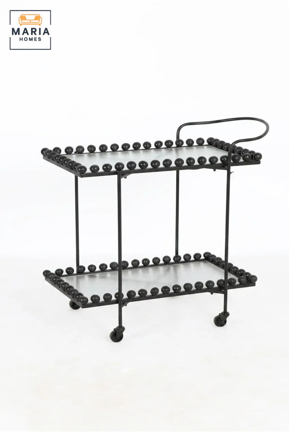 Modern 2-Tier Glass Serving Trolley – Black Rolling Bar Cart with Metal Frame and Decorative Bead Accents
