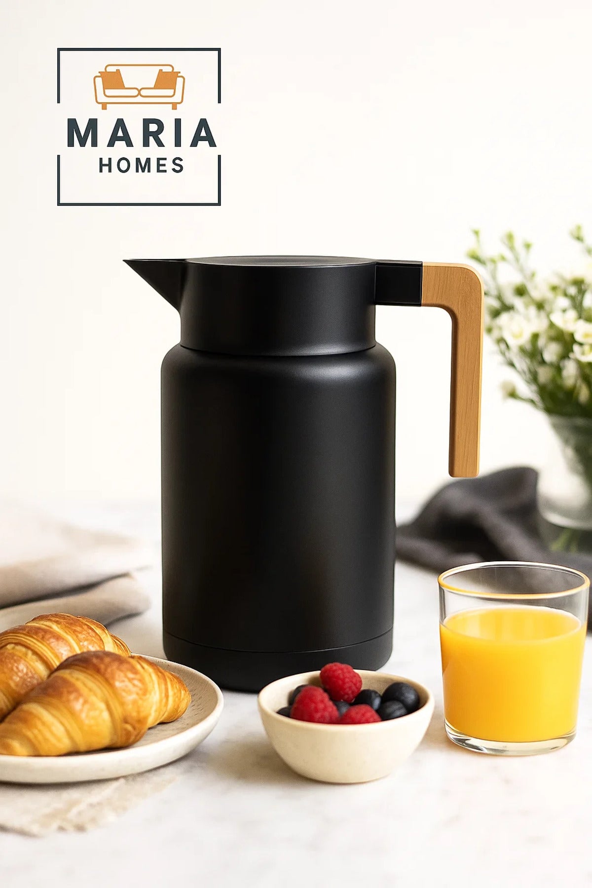 Modern Matte Black Thermal Carafe with Wooden Handle Ð Insulated Jug