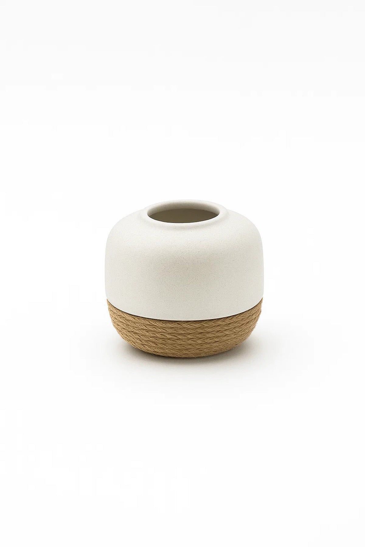 White Ceramic Round Rope Vase Ð Modern Decorative Flower Pot for Home and Office DŽcor