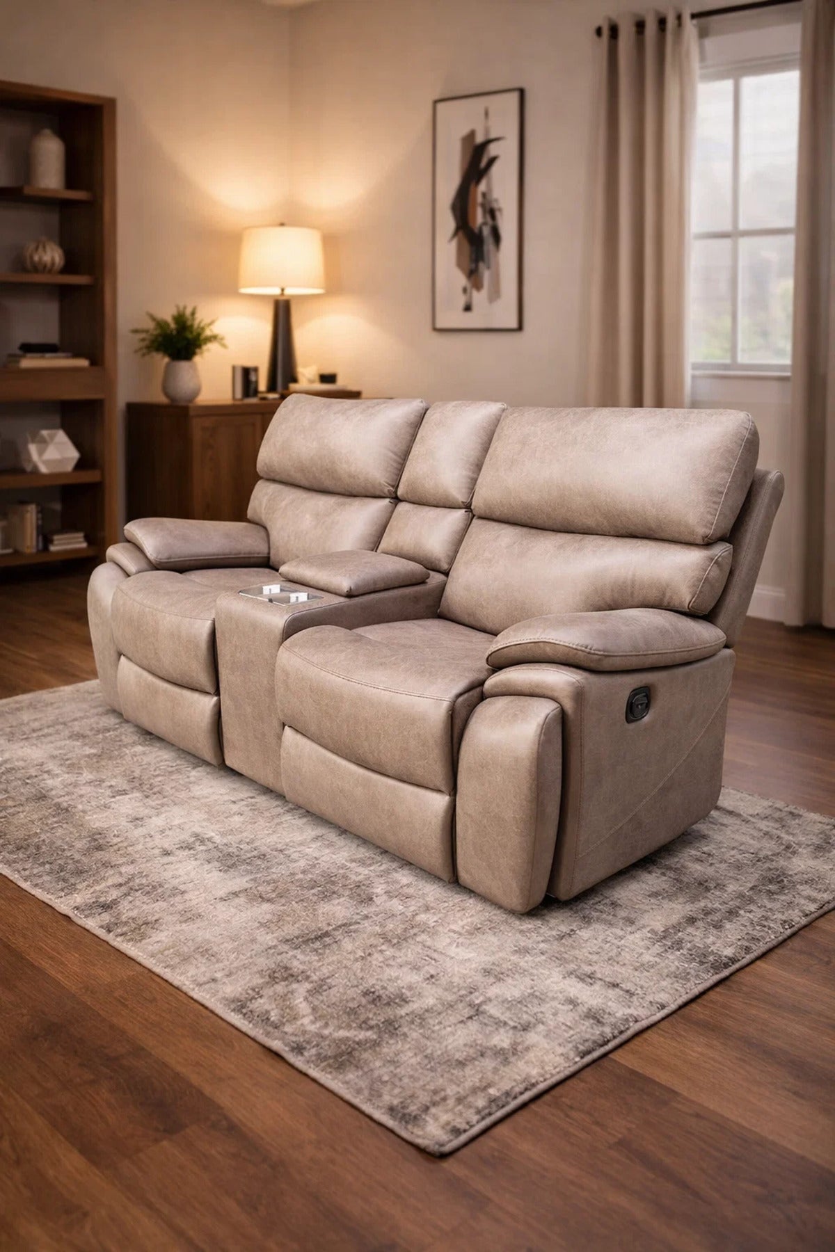 Premium Double Recliner Loveseat with Center Console Cup Holders Light Brown Home Theater Sofa